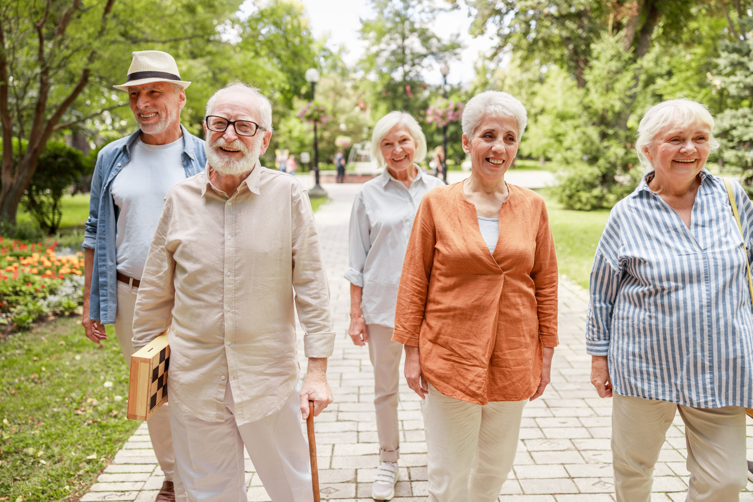 Seniors walking together outdoors